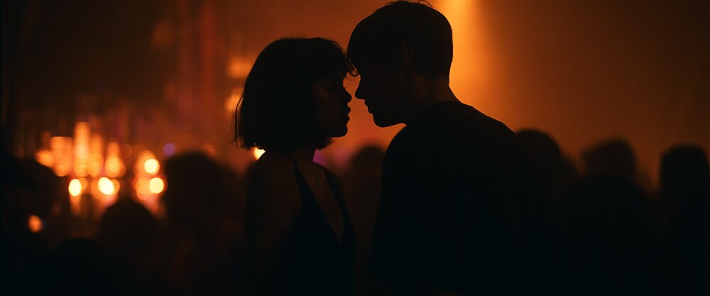 Two people close together in a crowd, lit by the lights behind them.