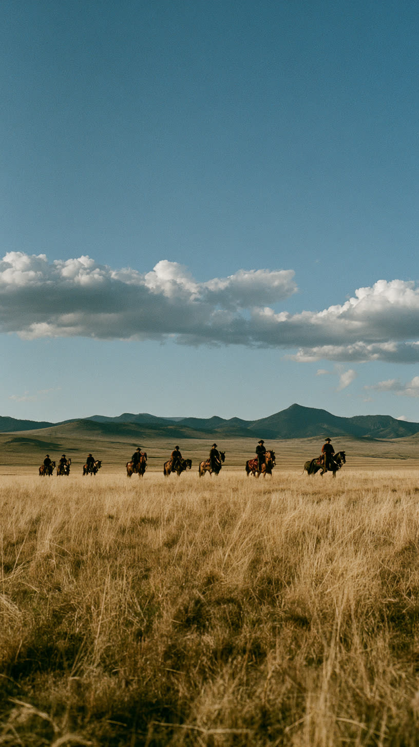 A line of riders crossing open grassland.