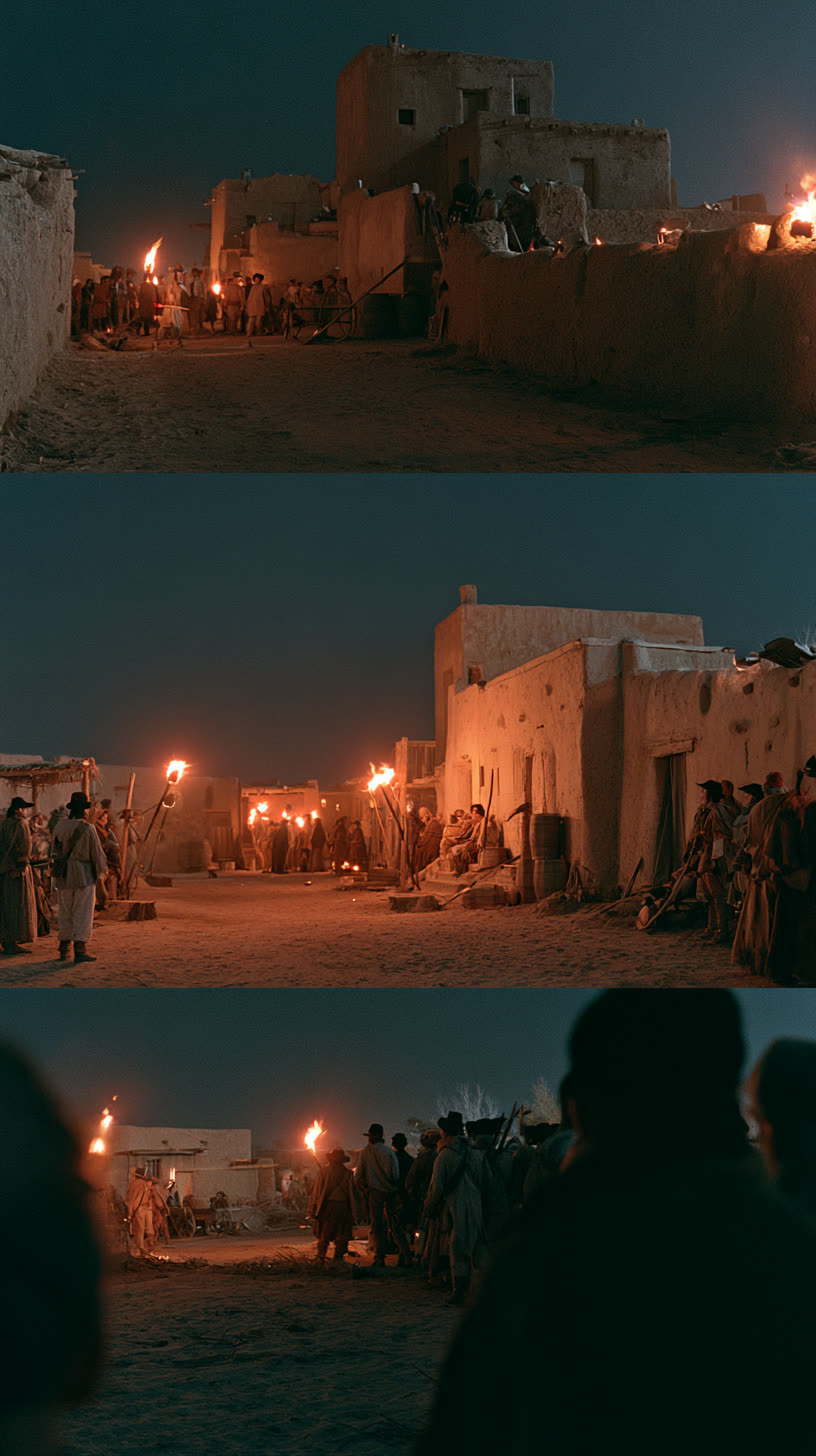 An adobe town at night lit by torches.