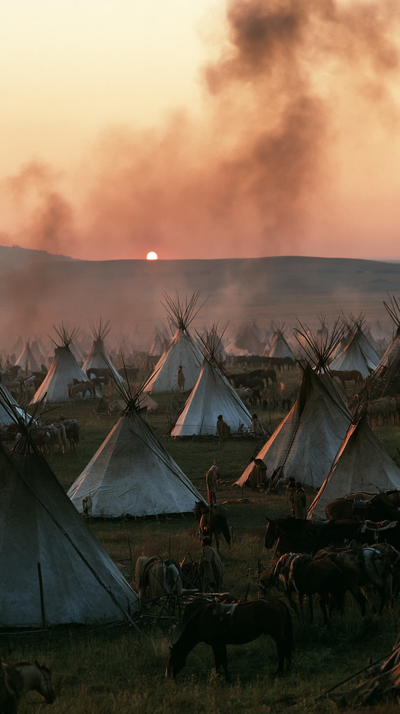 A village of lodges under smoke at first light.