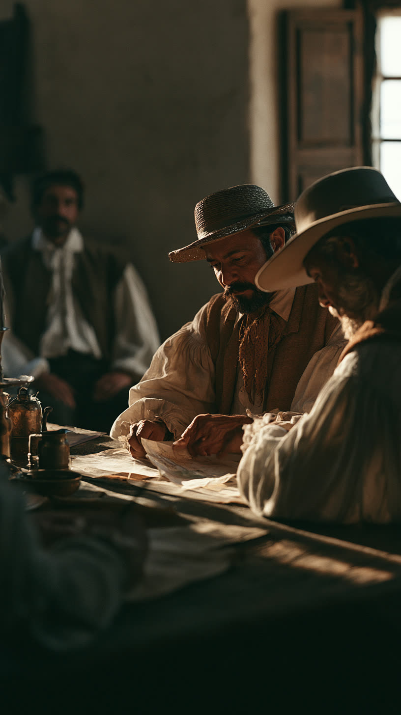 Spanish colonials at a table by a window.