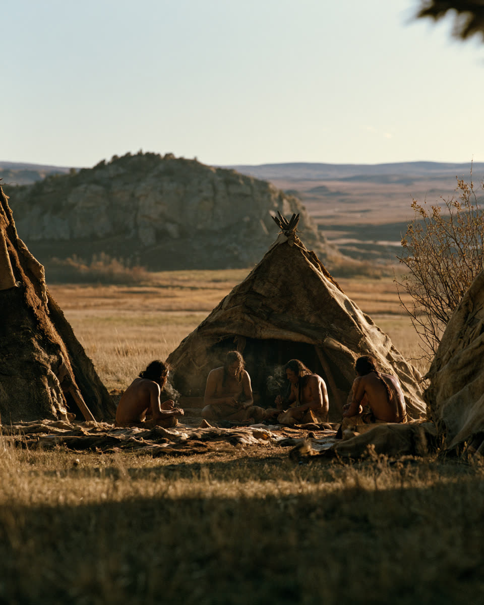A lodge close up, people sitting at its opening.