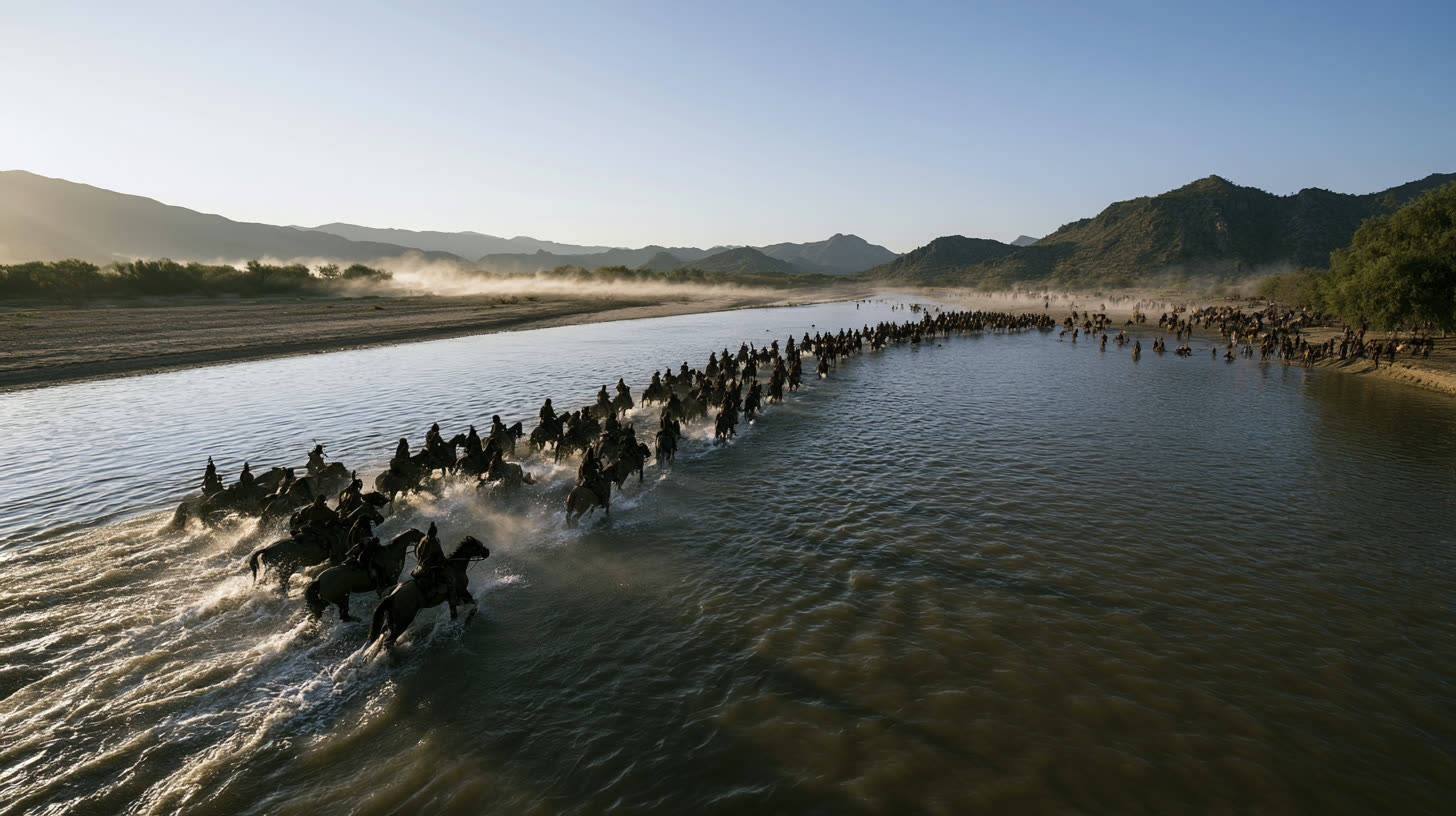 A mounted column fords a wide river at first light.