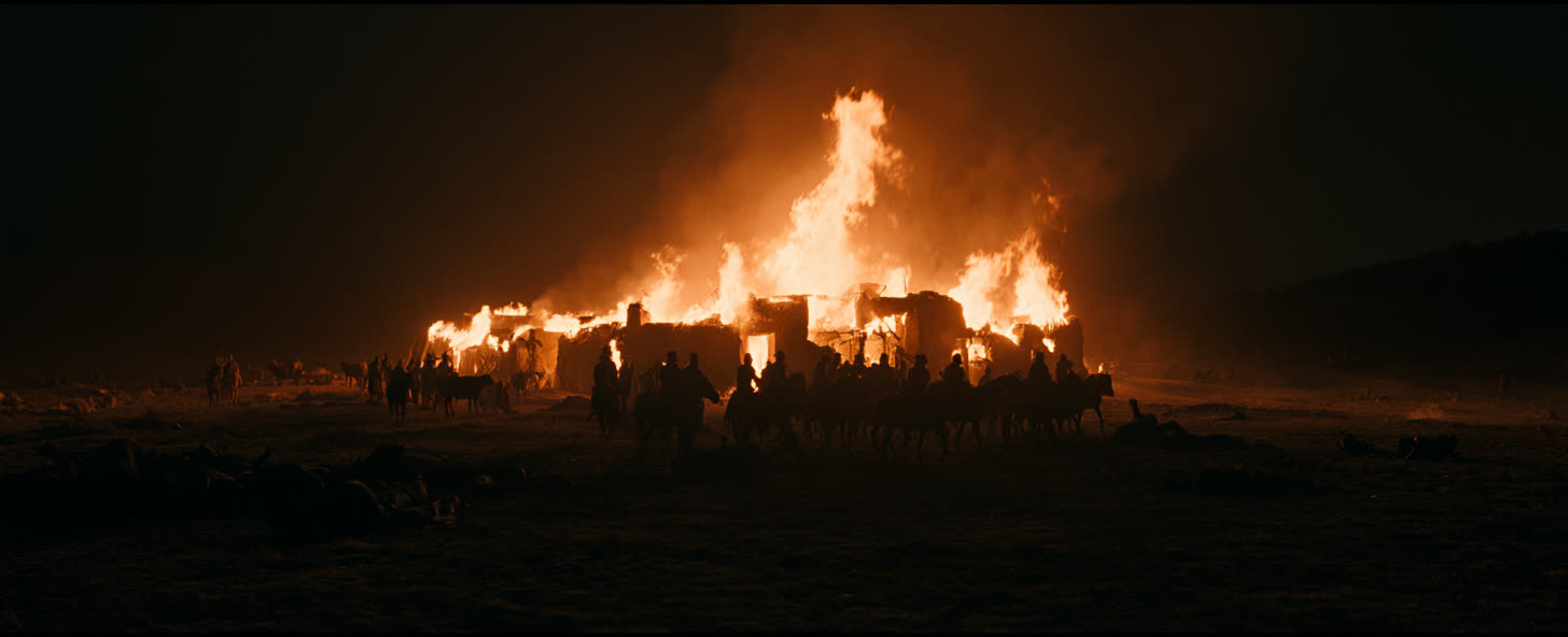 A walled settlement burns at night, figures before it.