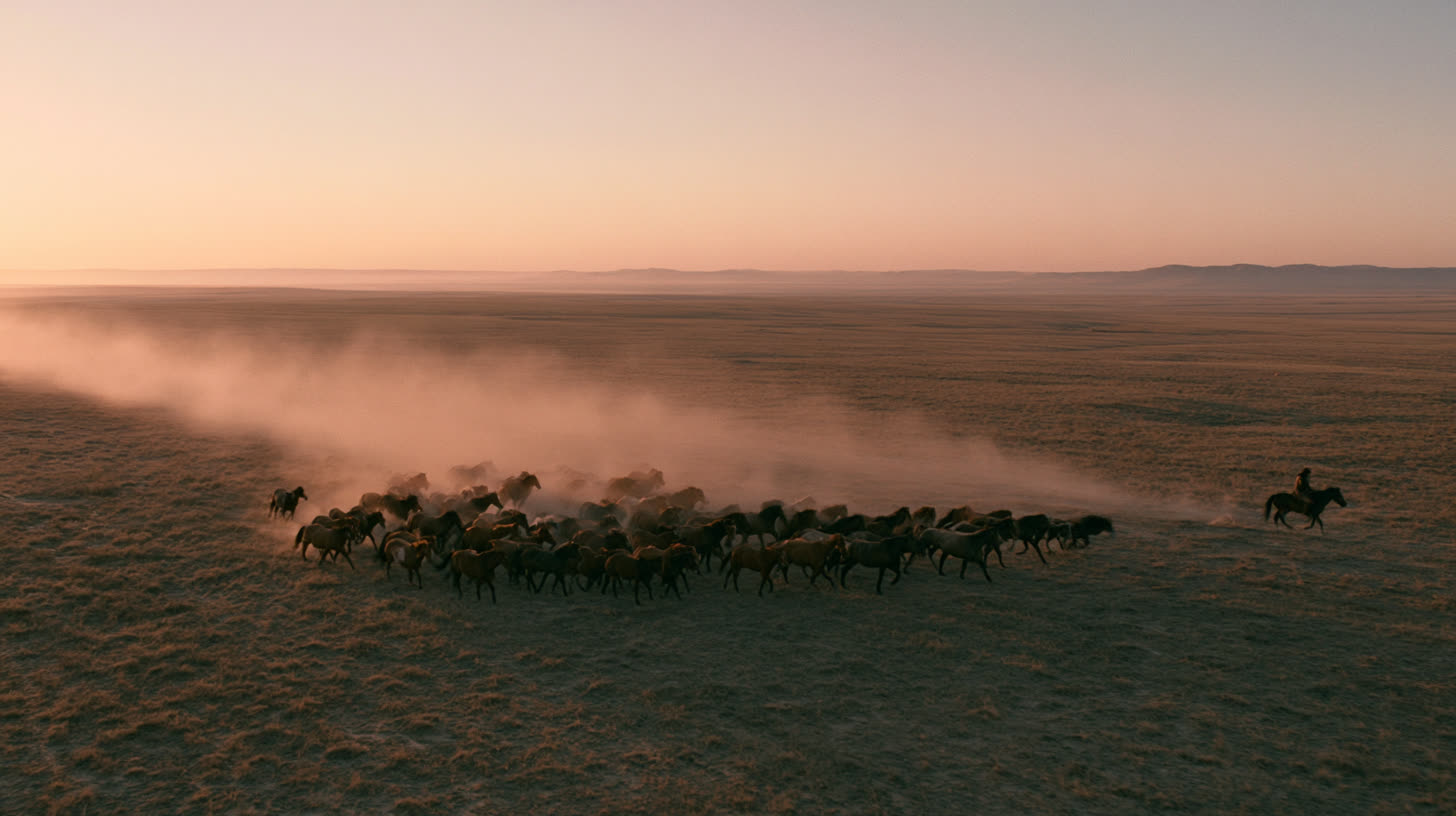 A horse herd runs through dust at dawn.
